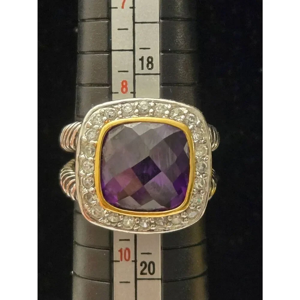 Women's Size 9 Purple Amethyst & White Crystal CZ Silver Tone Ring